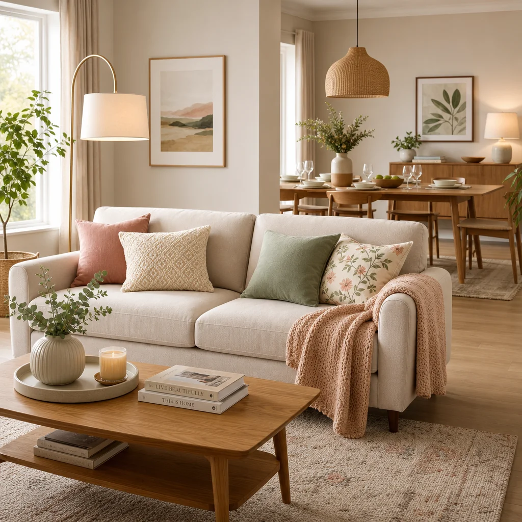 A beautifully staged living room in a North Alabama home prepared for photography